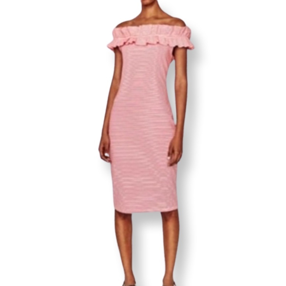 🆕 NWT Zara Red & White Striped Off the Shoulder Midi Dress with Ruffles-Sze L